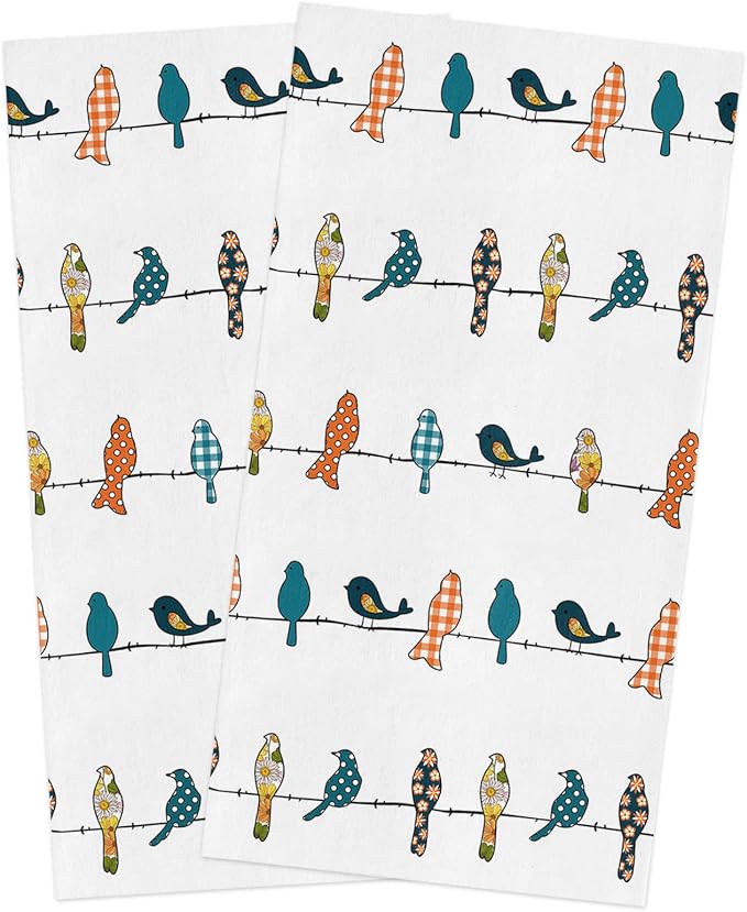 Smile Sunflower Kitchen Towels Microfiber Cleaning Cloths, Birds on The Wire Teal Grey Orange Soft Dish Towels for Kitchen, Pack of 2 Absorbent Hand Towels Reusable Tea Towels,Bar Towels,18x28 Inch by Smile+Sunflower