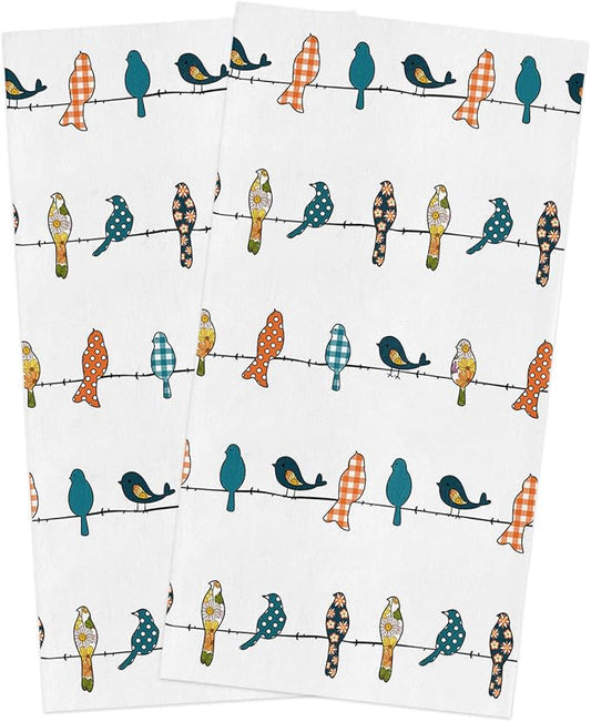 Smile Sunflower Kitchen Towels Microfiber Cleaning Cloths, Birds on The Wire Teal Grey Orange Soft Dish Towels for Kitchen, Pack of 2 Absorbent Hand Towels Reusable Tea Towels,Bar Towels,18x28 Inch by Smile+Sunflower