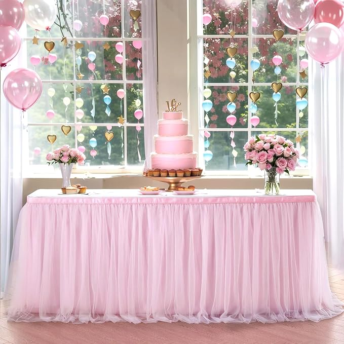 252in Baby Pink Tulle Table Skirts for Rectangle Tables 8ft, 2-Layer 21 ft Long Gold Grim Princess Pink Ruffle Tulle Tutu Table Skirt Cloth for Girl Birthday Baby Cake Dessert(No Table Cover) - Image 6