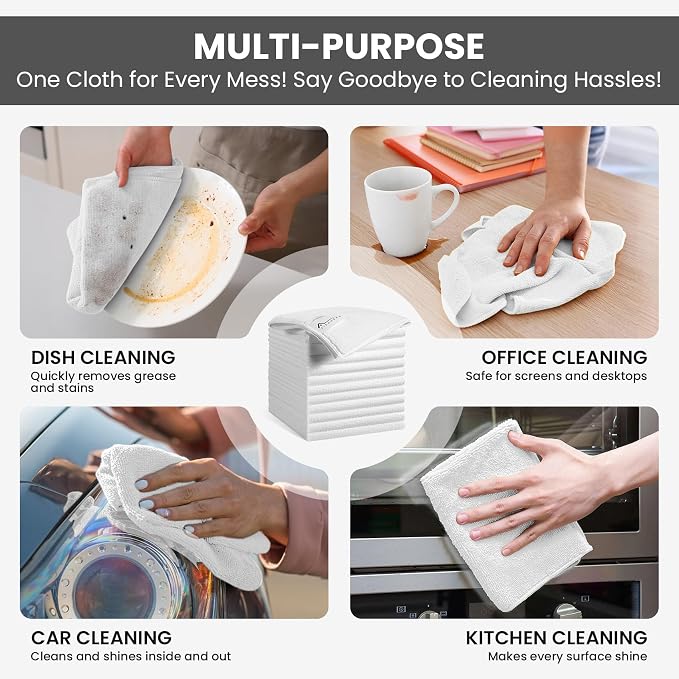 SIFANGKE Microfiber Cleaning Cloth, 12 Pack Lint-Free and Highly Absorbent Rags, White Reusable Microfiber Towels for Car, Kitchen, Bathroom and Household Cleaning Supplies, 11.8"X11.8" - Image 5