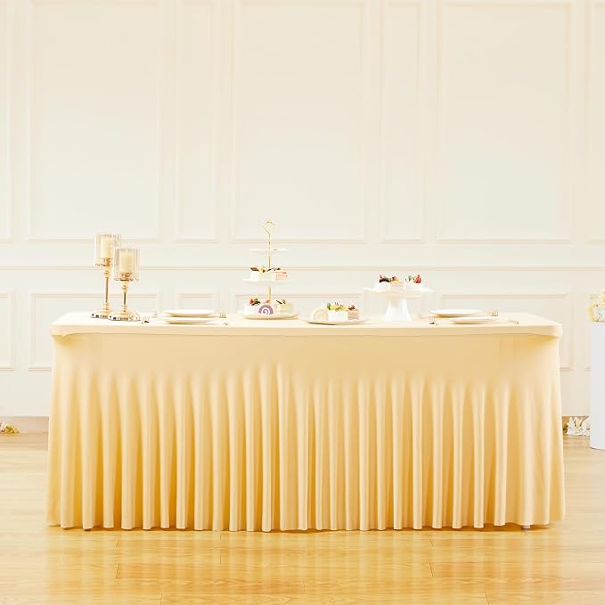 Besutolife 2 Pack Champagne Spandex Tablecloth for 6ft Rectangle Tables Fitted Table Cloth Stretch Table Covers Skirt 6ft Rectangular Tablecloths for Banquet Parties Wedding Decorations - Image 9