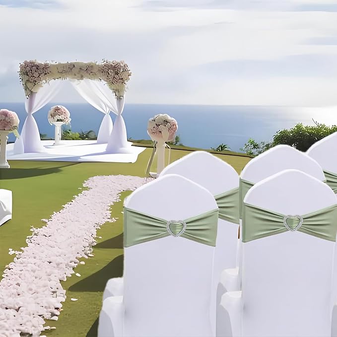 Sage Green Chair Sashes 100 Pack Spandex Sage Sashes for Chairs Covers Stretch Chair Sashes Band with Heart Buckle Slider for Wedding Banquet Party Decorations - Image 6