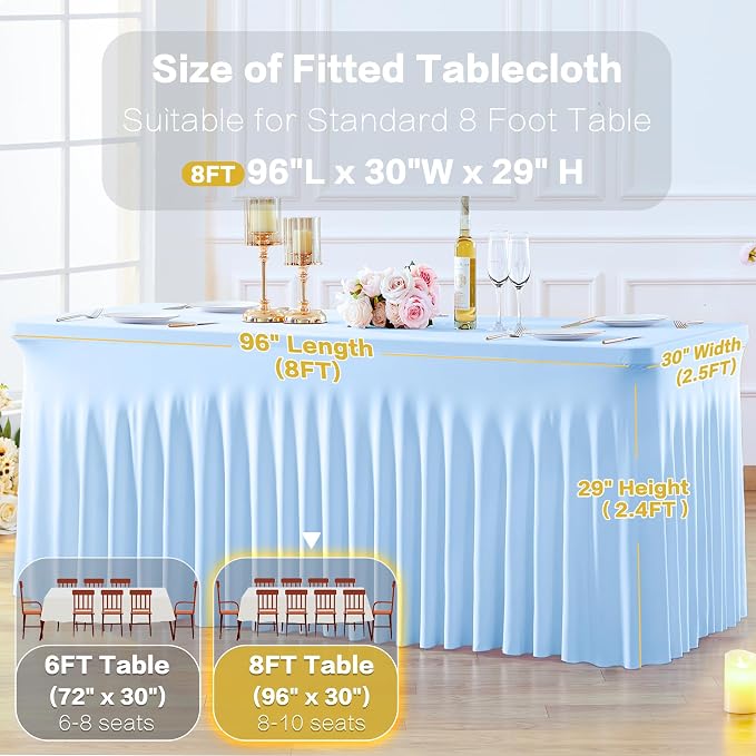 gogoparti 4 Pack Spandex Baby Blue Fitted Table Cloth for 8ft Rectangle Tables Light Blue Stretch Tablecloth Banquet Table Covers Wrinkle Free Tablecloths for Parties Wedding - Image 7