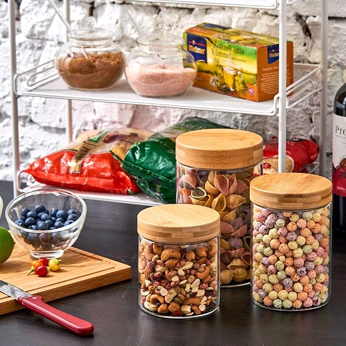 EZOWare Set of 4 Airtight Glass Jars, 46 Fl oz Large Storage Clear Canister Container Set with Bamboo Lid for for Storing Candy, Cookie, Rice, Sugar, Flour, Spices, Nuts, Coffee, Pasta - Image 4