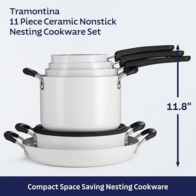Tramontina Ceramic Non Stick 11-Piece Nesting Pots and Pans Set - White - Image 7