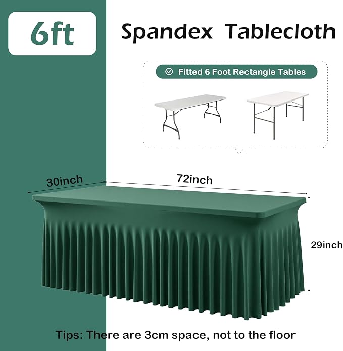 2 pk Hunter Green Spandex Tablecloth for 6 Foot Rectangle Tables, Wrinkle Free Fitted Spandex Table Covers 6ft Green Stretch Table Cloths with Ruffle Skirt for Parties Weddings Banquet Baby Shower - Image 4