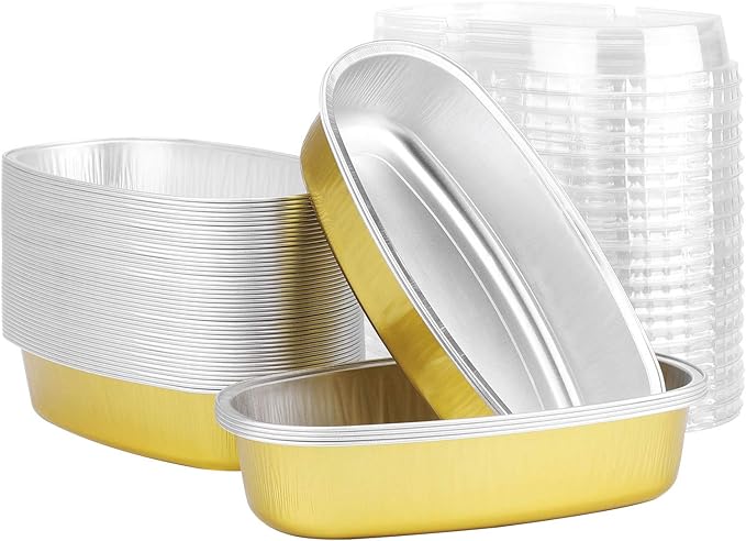 Beasea 6 Inch Oval Cheesecake Pan, 50 Pack With Lids - Golden Disposable Mini Bread Loaf Pans, Ellipse Aluminum Bakeware for Oven Baking by Beasea