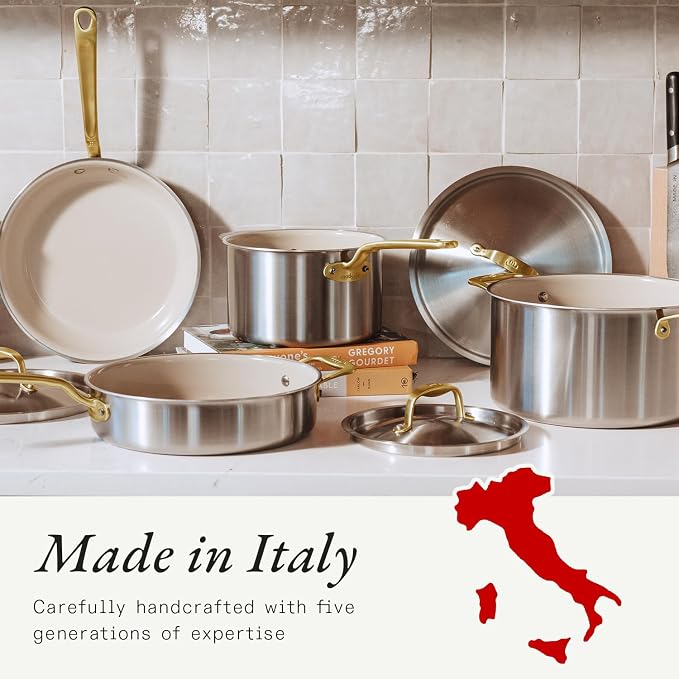Made In Cookware - 6 Piece Stainless Steel Saucepan Set with Lid (Antique Brass Handle) - 5 Ply Clad - Includes Non Stick Saucepans and Saucier - Professional Cookware - Crafted in Italy - Image 6