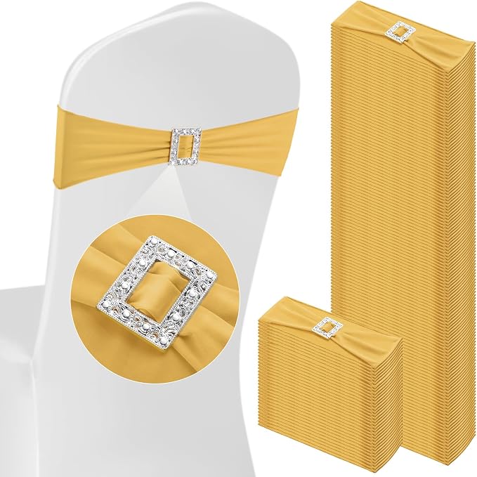 VitalCozy 100 Pcs Spandex Chair Sashes Wedding, Square Buckle, Gold by VitalCozy