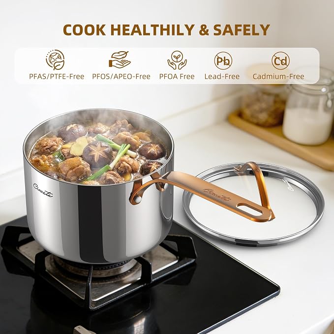 Ciwete 3 Quart Sauce Pan with Lid, Upgraded Tri-Ply Stainless Steel Saucepan with Mirror Polishing and 2 Scales, Induction Ready Cooking Pot with Stay-Cool Brass Handle, Dishwasher & Oven Safe - Image 7