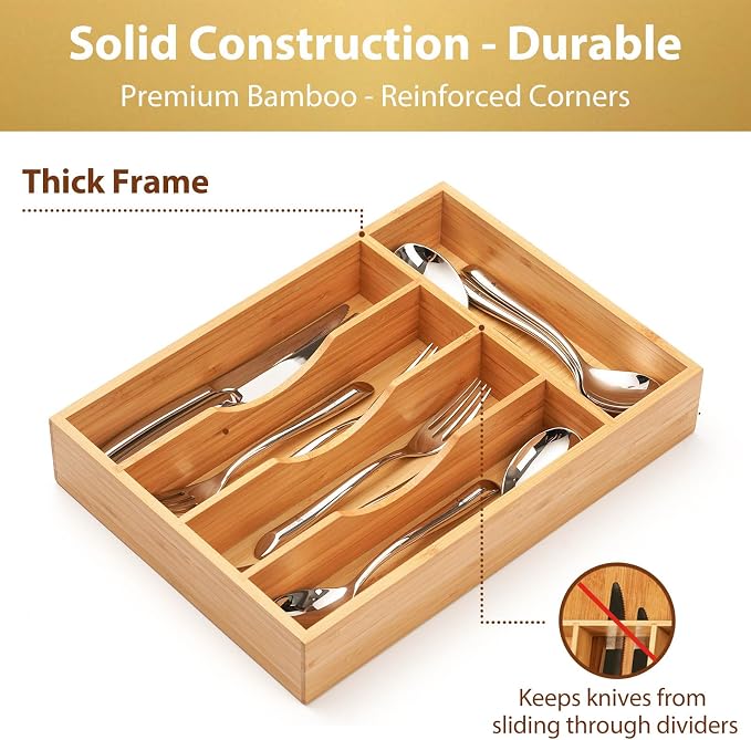 Umilife Bamboo Kitchen Drawer Organizer, 11 Inch Silverware Utensils Tray Holder with Grooved Dividers, 2.4" High Wood Caddy for Flatware Cutlery Knives - Image 3