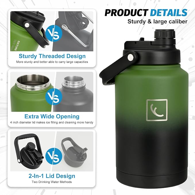 NATURE PIONEOR 1 Gallon (128oz) Insulated Water Bottle Jug with Carrier Bag | 18/8 Food-grade Stainless Steel, Double Vacuum Insulation, Wide-Mouth, Straw & Spout Lid, Strap, Camping, Hiking, Gym, Work - Image 8