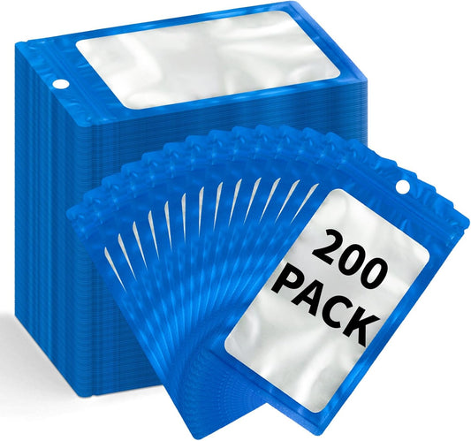200 Pack Resealable Mylar Holographic Bags Food Storage Smell Proof Bags with Front Window Foil Packaging Pouch for Candy Sample Jewelry Small Business 4.72×7.87 Inch, Blue