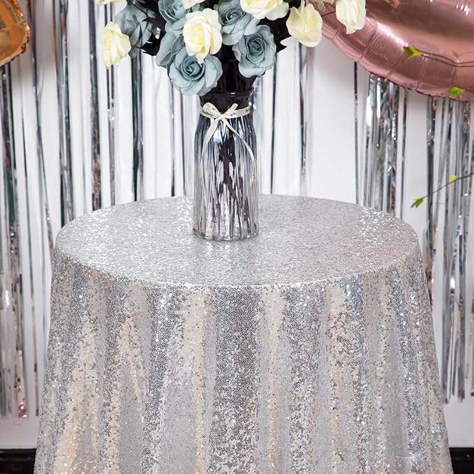 JYFLZQ Silver Sequin Tablecloth, Glitter Party Table Cover 90 Inch Round - Image 3