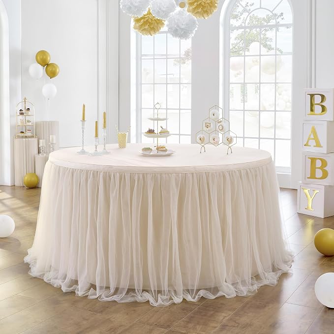108in Champagne Gold Tulle Table Skirts for Rectangle Tables 8ft 6ft 4ft, 2-Layer Beige Ruffle Tulle Tutu Cloth Table Skirt 14ft for Wedding Party Birthday Baby Shower Cake Dessert(No Table Cover) - Image 2