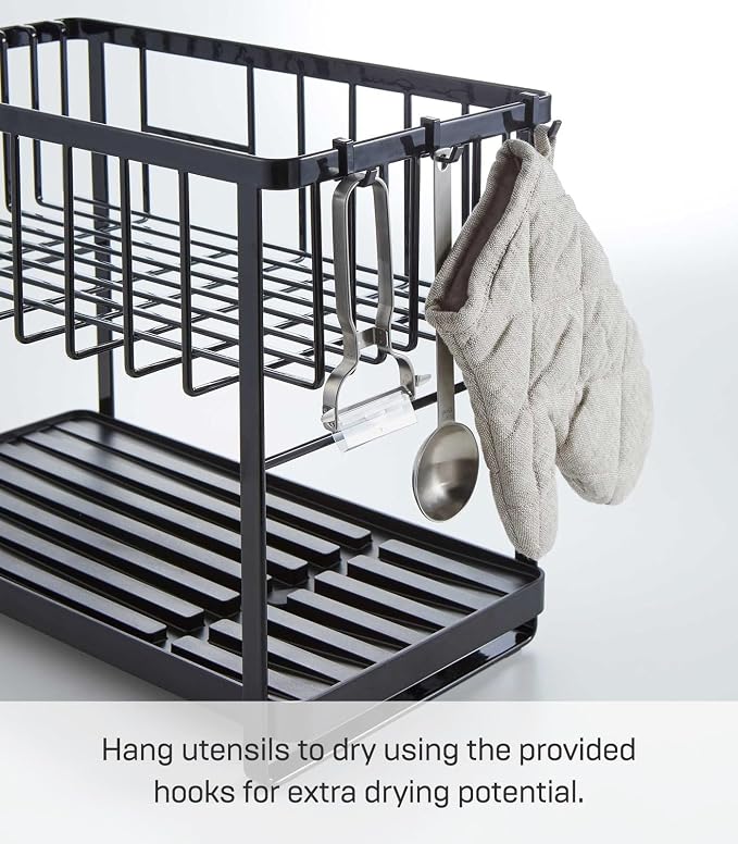YAMAZAKI Home Tower Two-Tier Adjustable Dish Drainer Rack, Compact Drying Rack with Hooks, Utensils Holder - Steel - - Image 6