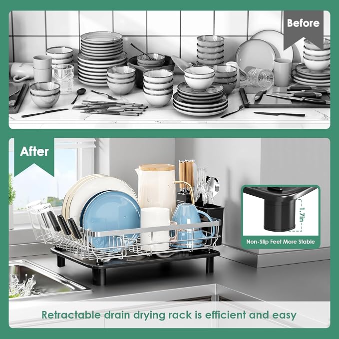 MOUKABAL Stainless Steel Dish Drying Rack for Kitchen Counter, Black Silver - Image 2