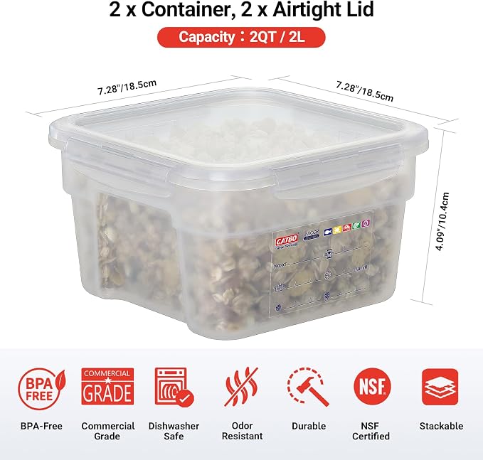 2 Pack 2 QT Commercial Airtight Food Storage Containers, BPA-Free Translucent Polypropylene, Stackable Ingredient Bin for Spices & Seasonings, Tall Model - Image 2