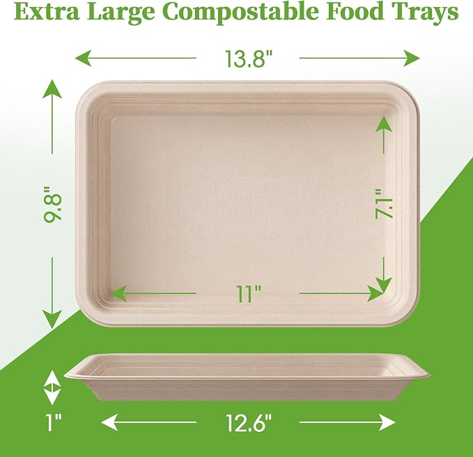 ECOLipak 100 Pack 14 in Compostable Natural Disposable Food Crawfish Trays | Large Paper Thanksgiving Plates for Turkey, BBQ, Seafood Boil Party Supplies, Heavy Duty, Biodegradable, Sugarcane Bagasse - Image 3