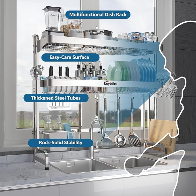 Loyalfire Over Sink Dish Drying Rack, 3 Tier Adjustable Length (20.87'' to 37.6'') Full Stainless Steel Large Storage Kitchen Dish Rack, Expandable Drainer Shelf Rack with Multifunctional Organizers - Image 3