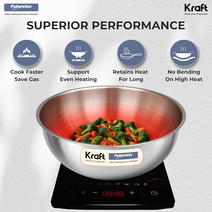 Kraft Futuretec Triply Tasla Stainless Steel Extra Deep 5.5L 30cm 3 Ply 2.5mm Thick Deep Kadai for Cooking/Induction and Gas Base - Image 7