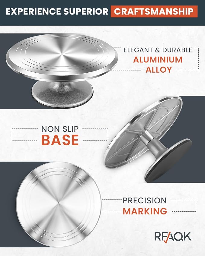 RFAQK 50PCs Cake Decorating Supplies Kit with 12" Aluminum Rotating Cake Turntable Stand, Professional Leveler, Straight & Offset Spatulas, 12 Numbered Icing Tips & Bags - Image 3
