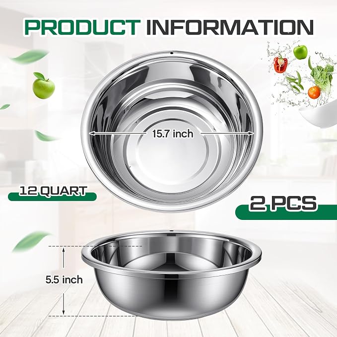 2 Pack 12 Quart 304 Stainless Steel Mixing Bowl Flat Bottom Large Steel Big Prep Mixing Bowl for Salad Kitchen Dish Washing Pan Cooking Baking Meal Home Produce Eater with Hole, 15.7 Inch - Image 2