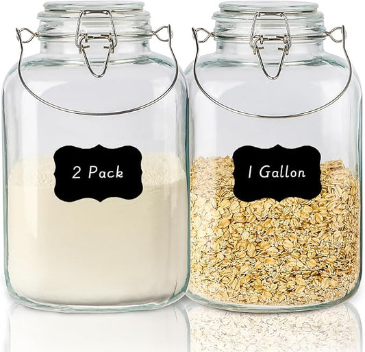 1 Gallon Airtight Glass Food Storage Jars Set of 2 with Lids, Extra Large Glass Storage Containers with Handle for Flour, Cereal, Coffee and Canning, Square Mason Jars with 8 Chalkboard Labels by Unknown