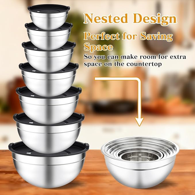 Unokit Mixing Bowls with Lids Set - 16 Pcs Stainless Steel Nesting Mixing Bowls with Grater Attachments, Mixing Bowl Set for Multi Mixing & Serving - Image 6