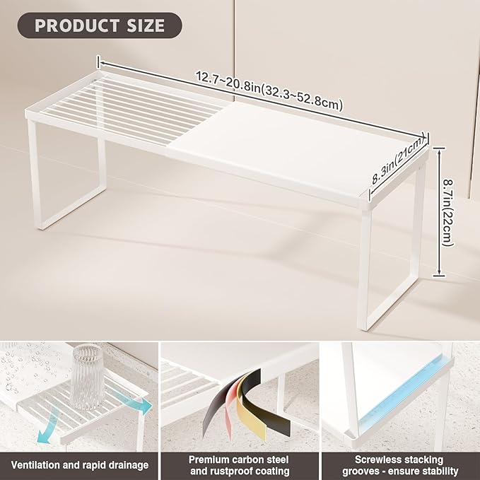 Magheo Expandable Kitchen Countertop Organizer, 2 Pack Stackable Cabinet Shelf Risers, Metal Spice Rack Heavy Duty Counter Organizer Storage for Kitchen, Pantry, Cupboard, Rv (8.7in Height,White) - Image 6