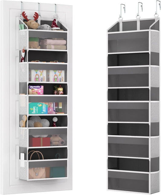 Over the Door Organizer with 5 Front & 10 Mesh Side Pockets, 50LB Capacity Extra Large Hanging Storage Organizer Multi-Room Space-Saving Design with 3 Sturdy Hook for Closet, Bathroom, Kitchen, Pantry