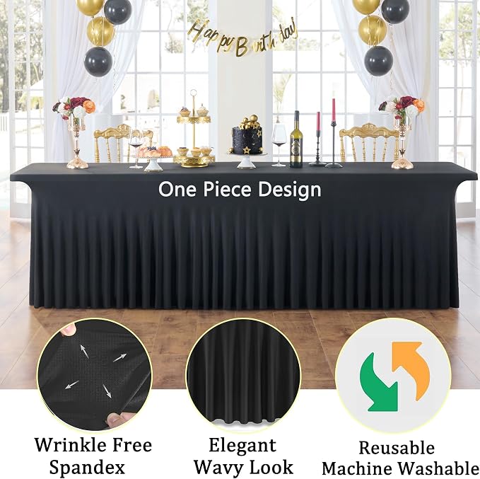 CO-AVE 8pk Black Spandex Tablecloths for 8ft Rectangle Tables, Wrinkle Free Wavy Table Skirt Stretchy 8 Foot Fitted Table Cloth Covers for Weddings Birthday Halloween Party Events Banqute Baby Shower - Image 2
