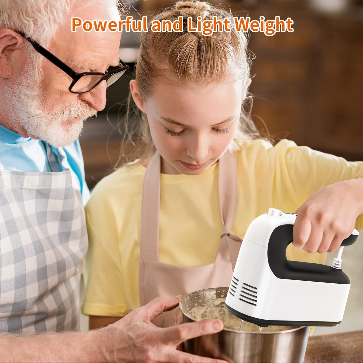 9-Speed Digital Hand Mixer Electric, 400W Powerful DC Motor, Baking Mixer Handheld with Snap-On Storage Case, 5 Stainless Steel Accessories, Flat Beaters, Dough Hooks, Whisk (White & Black)
