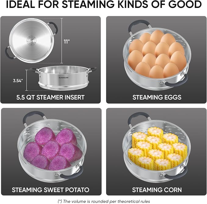 Sunhouse: 2-Tier Stainless Steel Steamer Pots - 5.5 Quart - Tempered Glass Lid, 3-Ply Bottom, Vegetable-Dumpling-Food Cookware, Dishwasher & Oven Safe - Image 9