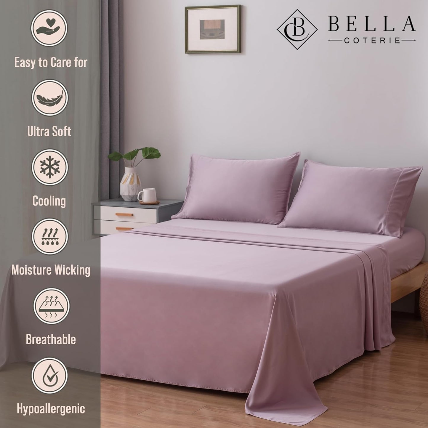 Bella Coterie Luxury Bamboo Viscose Cal King Size Sheet Set | 100% Organically Grown | Ultra Soft | Cooling for Hot Sleepers | 18" Deep Pocket [Lilac]