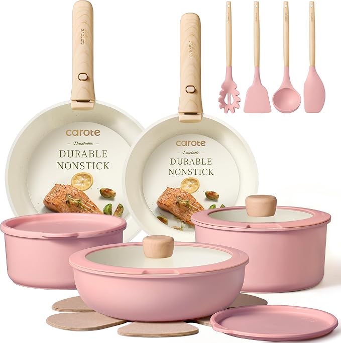 CAROTE 19pcs Pots and Pans Set Non Stick, Detachable Handle Cookware, Pink by CAROTE