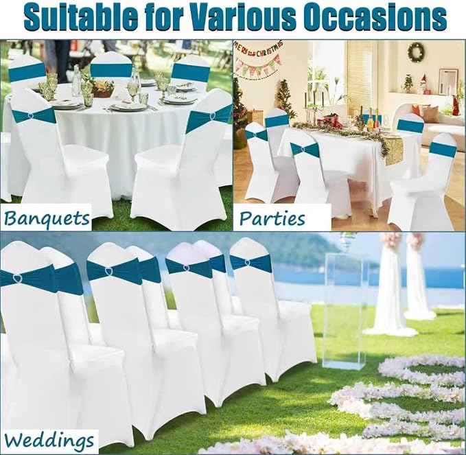 Teal Chair Sashes 25 Pack Spandex Dark Teal Sashes for Chairs Covers Universal Stretch Chair Sashes Band with Heart Buckle Slider for Wedding Banquet Party Decorations - Image 7