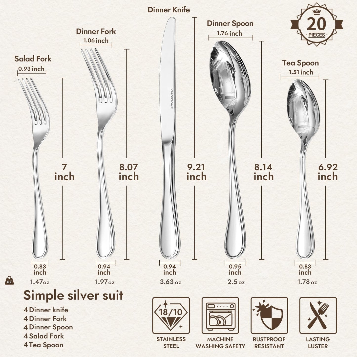 KINGSTONE 20 Piece Teardrop Silverware Set for 4, 18/10 Stainless Steel Flatware Set, Modern Design Cutlery Set for Home/Hotel/Wedding,Mirror Polished and Dishwasher Safe