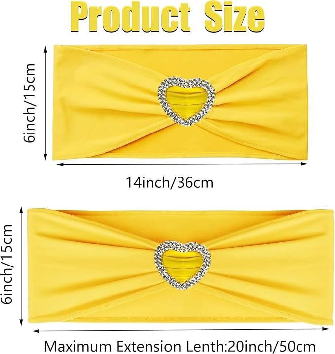Yellow Chair Sashes 50 Pack Spandex Yellow Sashes for Chairs Covers Universal Stretch Chair Sashes Band with Heart Buckle Slider Sashes Bows for Wedding Banquet Party Decorations - Image 2