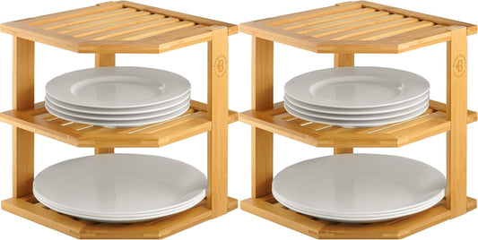 2-Pack Plate Organizer for Cabinet - Bamboo Corner Shelf for Kitchen or Bathroom Storage, Space-Saving Rack for Dishes, Countertop, Cabinet, Pantry - Organization & Housewarming Gift
