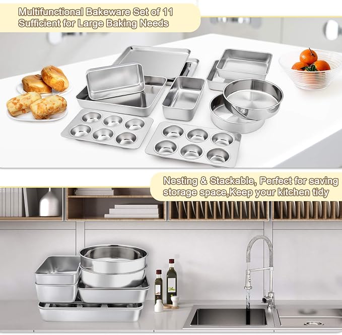 TeamFar Stainless Steel Bakeware Set of 11 | Toaster Oven Baking Pan Set, Lasagna Pan, Square & Round Cake Pan, Loaf Pan & Muffin Pan, Healthy & Sturdy, Dishwasher Safe - Image 3