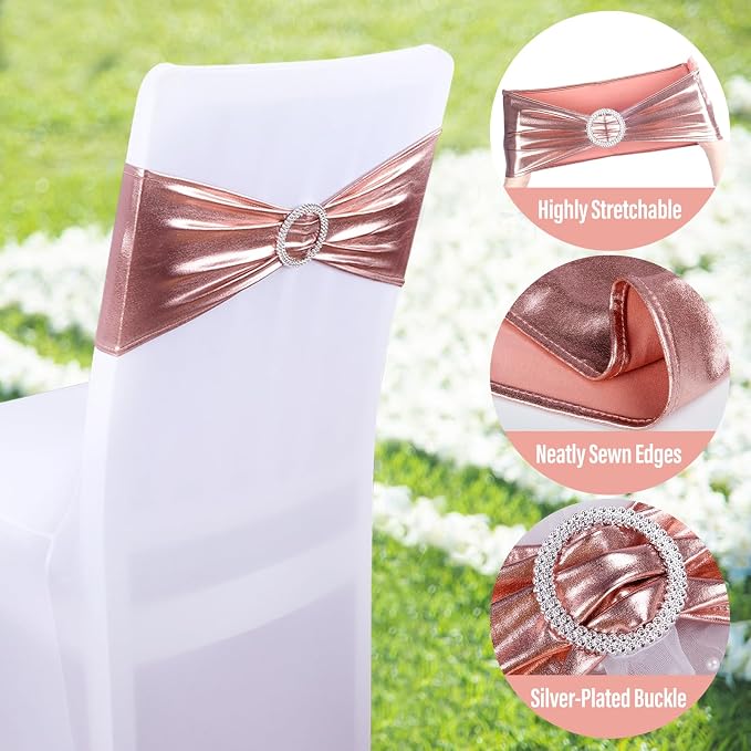 LEBENGURU Metallic Rose Stretch Chair Sashes 30pcs with Buckle Slider - Image 5