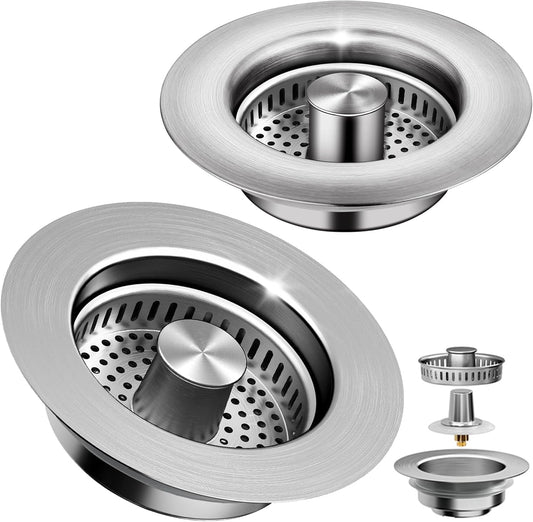 3-in-1 Kitchen Sink Drain Strainer & Sink Stopper 2 Pack - 304 Stainless Steel Sink Drain Strainer, Pop-Up Anti-Clog Design, Fits Standard 3-1/2'' Sink Drains