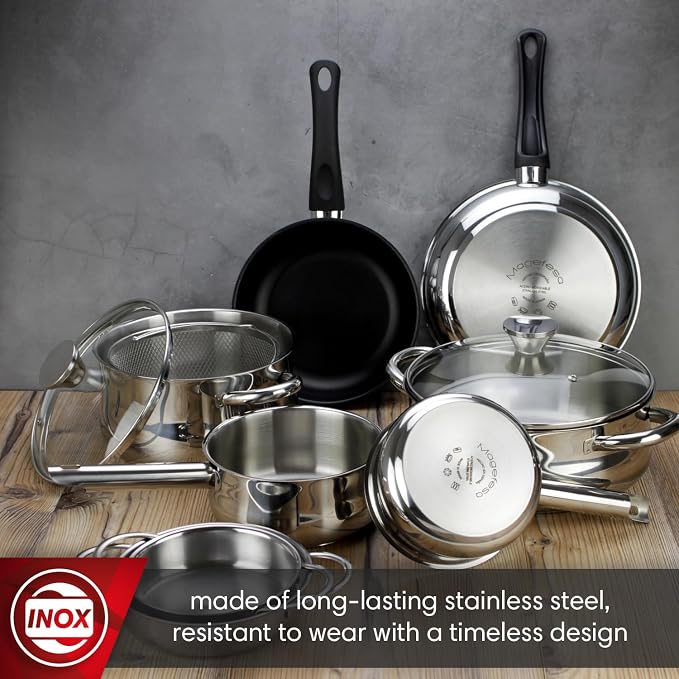 MAGEFESA IDEAL 11-Piece Cookware Set: 2 Stockpots, 2 Saucepans, 2 Mini Sauté Pans, 2 Skillets, Mesh Strainer, Stainless Steel, All Stovetops (Incl. Induction), Dishwasher Safe - Image 2
