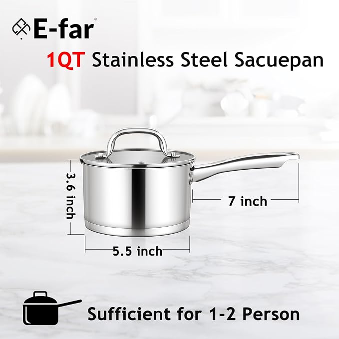 E-far 1 QT Small Saucepan with Lid, Stainless Steel Sauce Pan Boiling Pot - Image 2