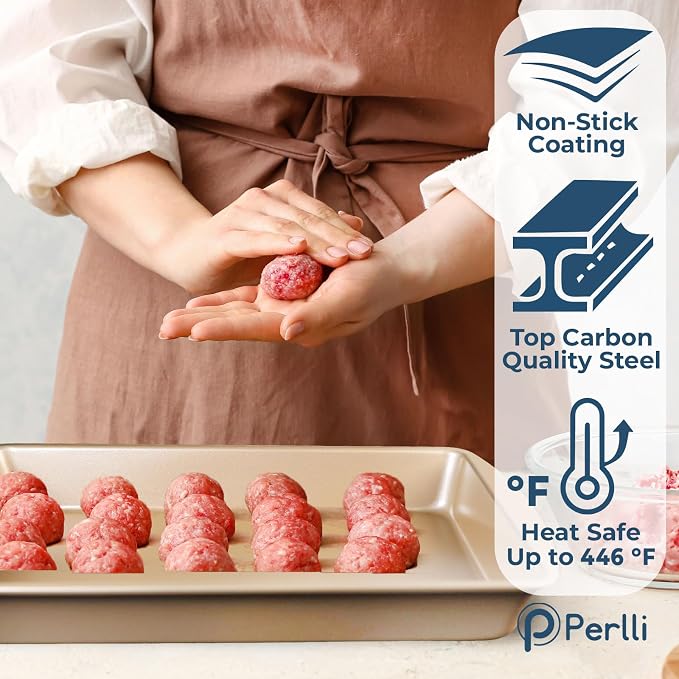 Perlli 10 Piece Baking Set - Nonstick Gold Steel Oven Bakeware With Silicone Handles, Cookie Sheets, Round Cake Pans, 9x13 Pan With Lid, Loaf Pan, Deep Pan, Pizza Crisper, Muffin Pan - Image 4