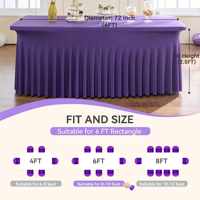 Spandex Tablecloth 6FT Rectangle Table Cover 4 Pcs Deep Purple Wrinkle-Free - Image 6