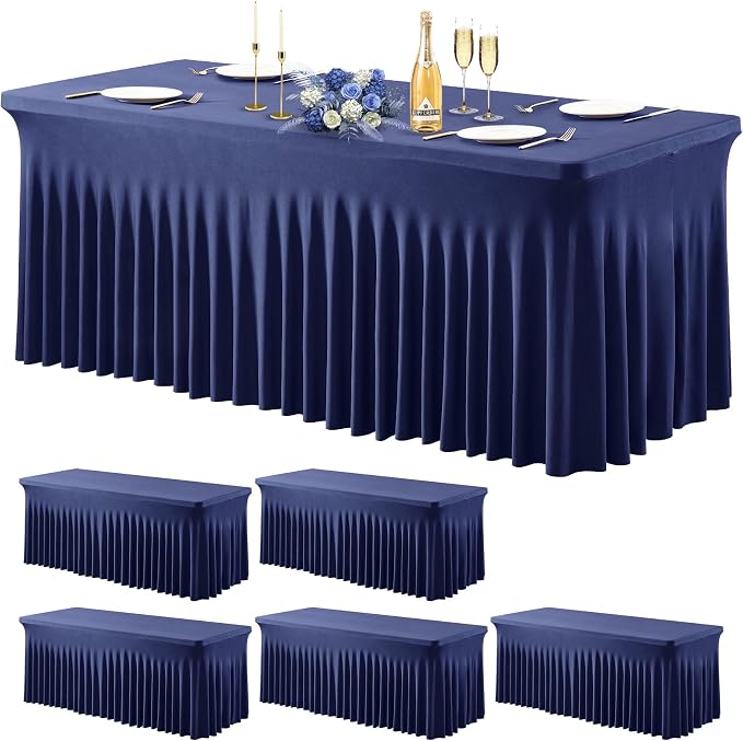 Wish Care 6 Pack Navy Blue Stretch Spandex Table Clothes for 6 Foot Rectangle Tables, 6FT Wrinkle Free Fitted Tablecloths Ruffles Design Table Cover for Party, Banquet, Wedding and Events by WishCare