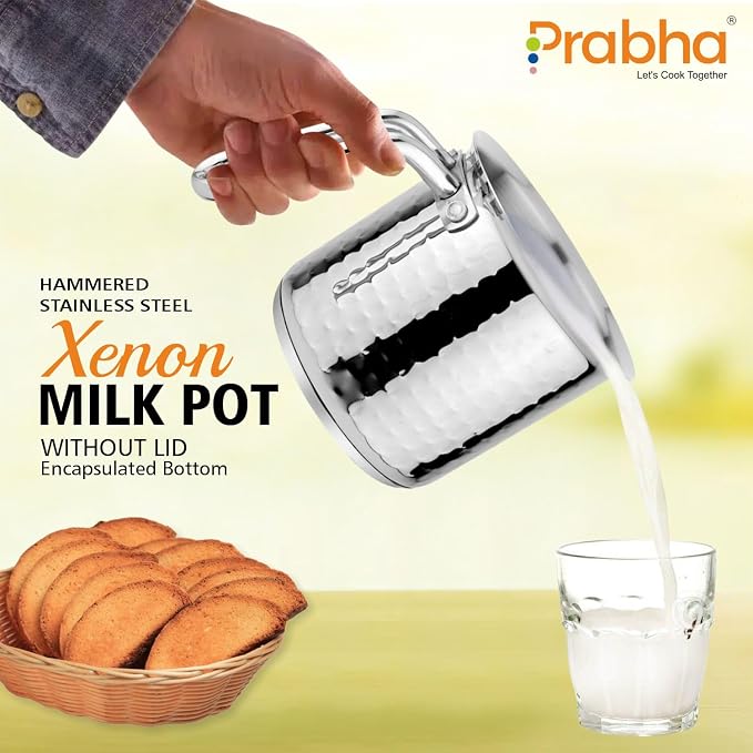 Prabha Stainless Steel Milk Pot With Handle 11cm 1.1 Litre | Hammered Milk Boiler Glass Lid Steam Vent | Tea Container Water Boiling | Coffee/Milk Warmer, Even & Faster Heating | Induction & Gas Stove - Image 3