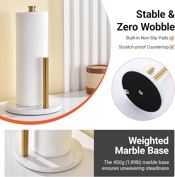 Hoooh Countertop Paper Towel Stand – Brushed Gold, Weighted Marble Base - Image 4